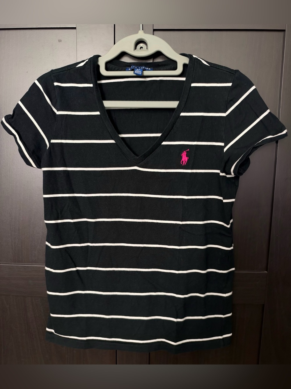 Polo by Ralph Lauren Black and White Striped V-Neck Tee with Pink Pony - S